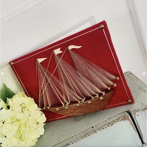 Vintage String Art Ship Boat Wood Body Brass Tacks Gold Thread Red Felt MCM - Picture 6 of 7